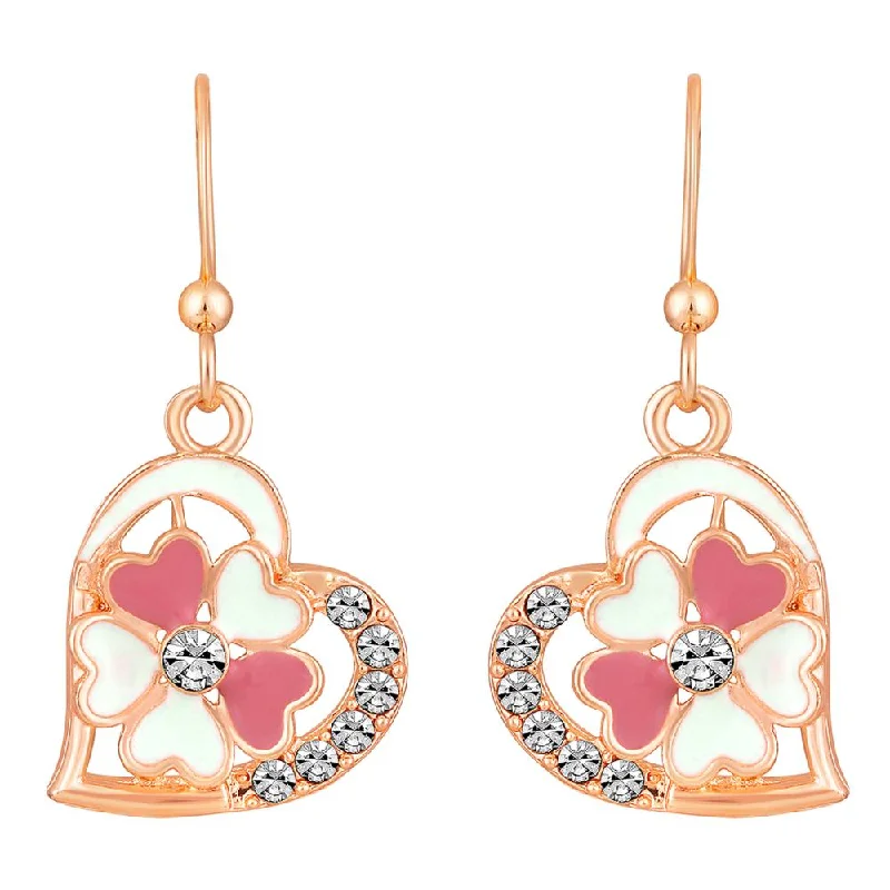 women’s zodiac earrings-Mahi Rose Gold Plated Pink and Green Meenakari Work and Crystals Floral Heart Earrings for Women (ER1109855Gre)