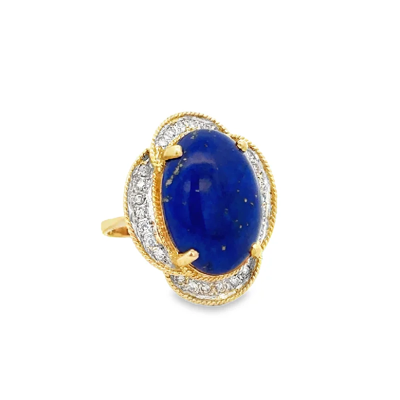 solitaire diamond engagement rings for women-Lapis and Diamond Ring in Yellow Gold