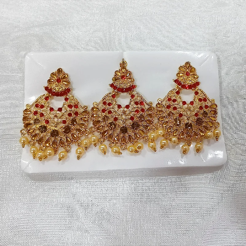 trendy pearl earrings for women-Darshan Gold Plated Red Austrian Dangler Earrings With Maang tikka