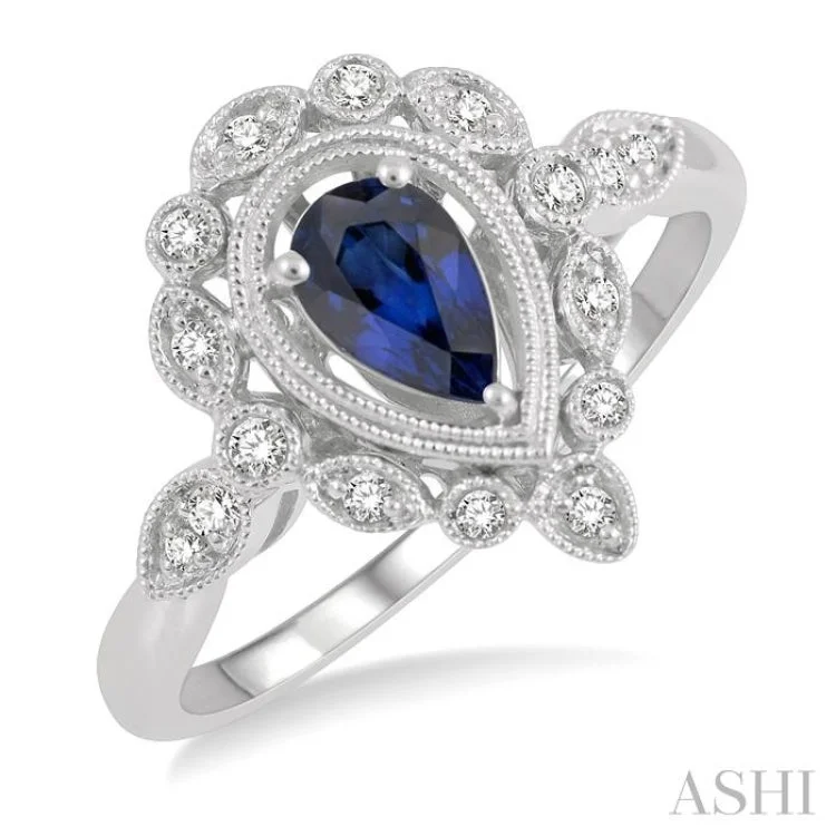 women’s blue sapphire rings-1/8 Ctw Lattice Reverse Taper Shank Round Cut Diamond & 6x4MM Pear Cut Sapphire Precious Ring in 10K White Gold