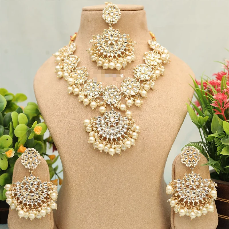 luxury diamond necklaces for women-FS Collection Gold Plated Kundan Stone And Pearls Necklace Set