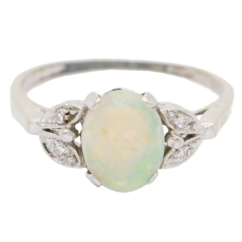 elegant engagement rings for women-Antique Art Deco White Opal and Diamond Ring in 14k White Gold | Size 8.5