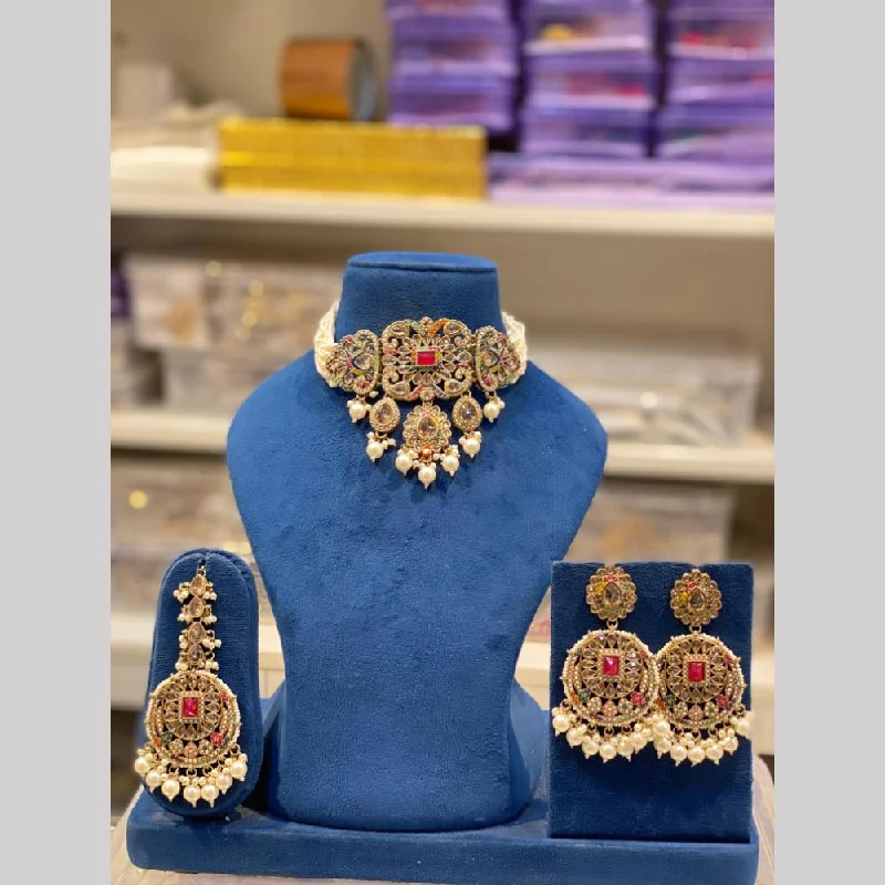 layered necklaces for women-Hira Collections Gold Plated Kundan Stone And Pearls Choker Necklace Set