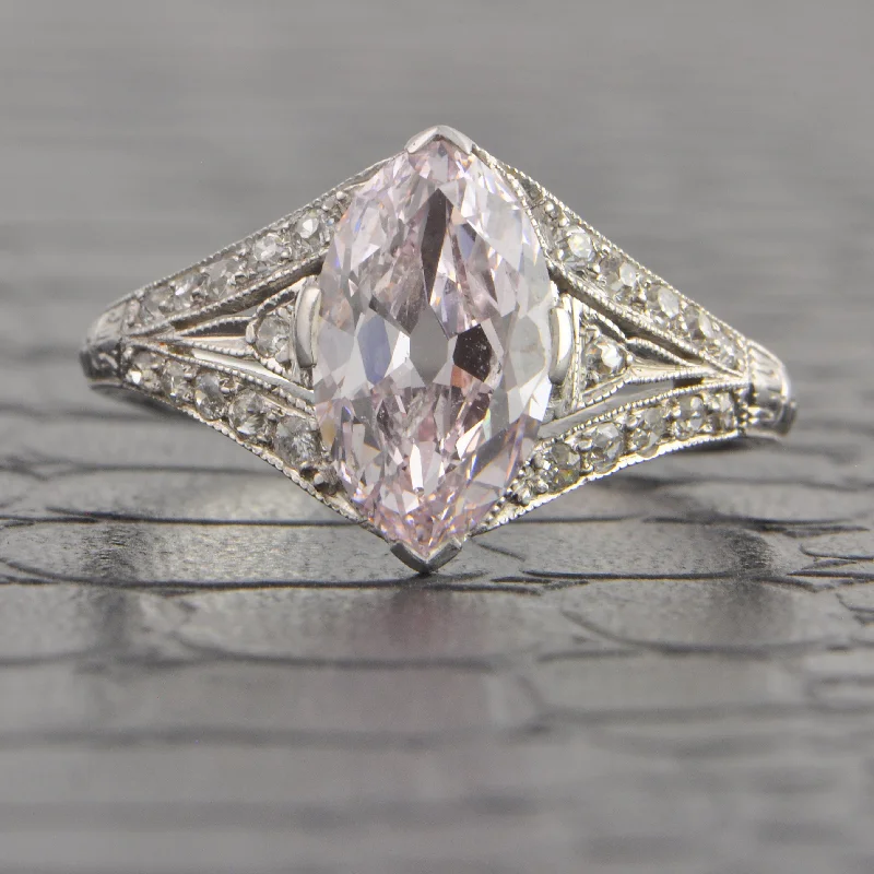 women’s vintage-style engagement rings-Rare Art Deco Light Purple-Pink Marquise Cut Diamond Ring in Platinum