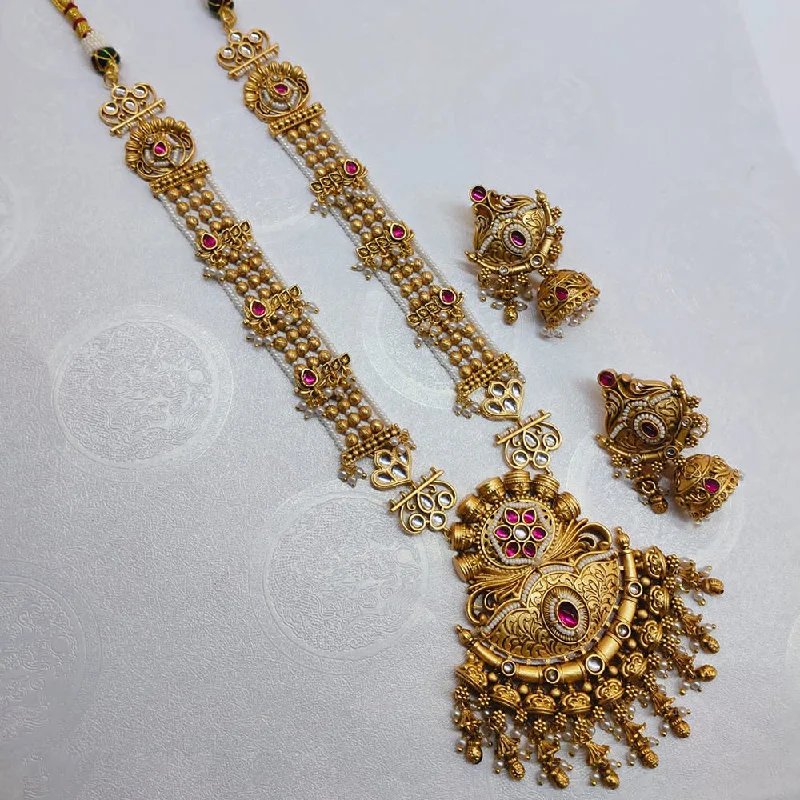 delicate chain necklaces for women-Lucentarts Jewellery Gold Plated Kundan Stone And Pearls Long Necklace Set