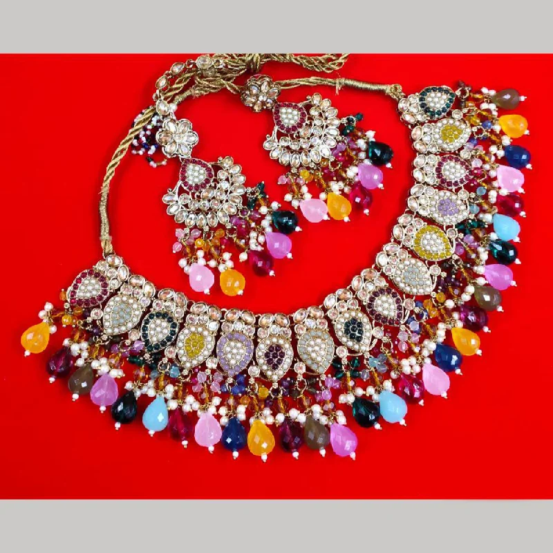 chic women’s collar necklaces-FS Collection Gold Plated  Crystal Stone And Beads Necklace Set