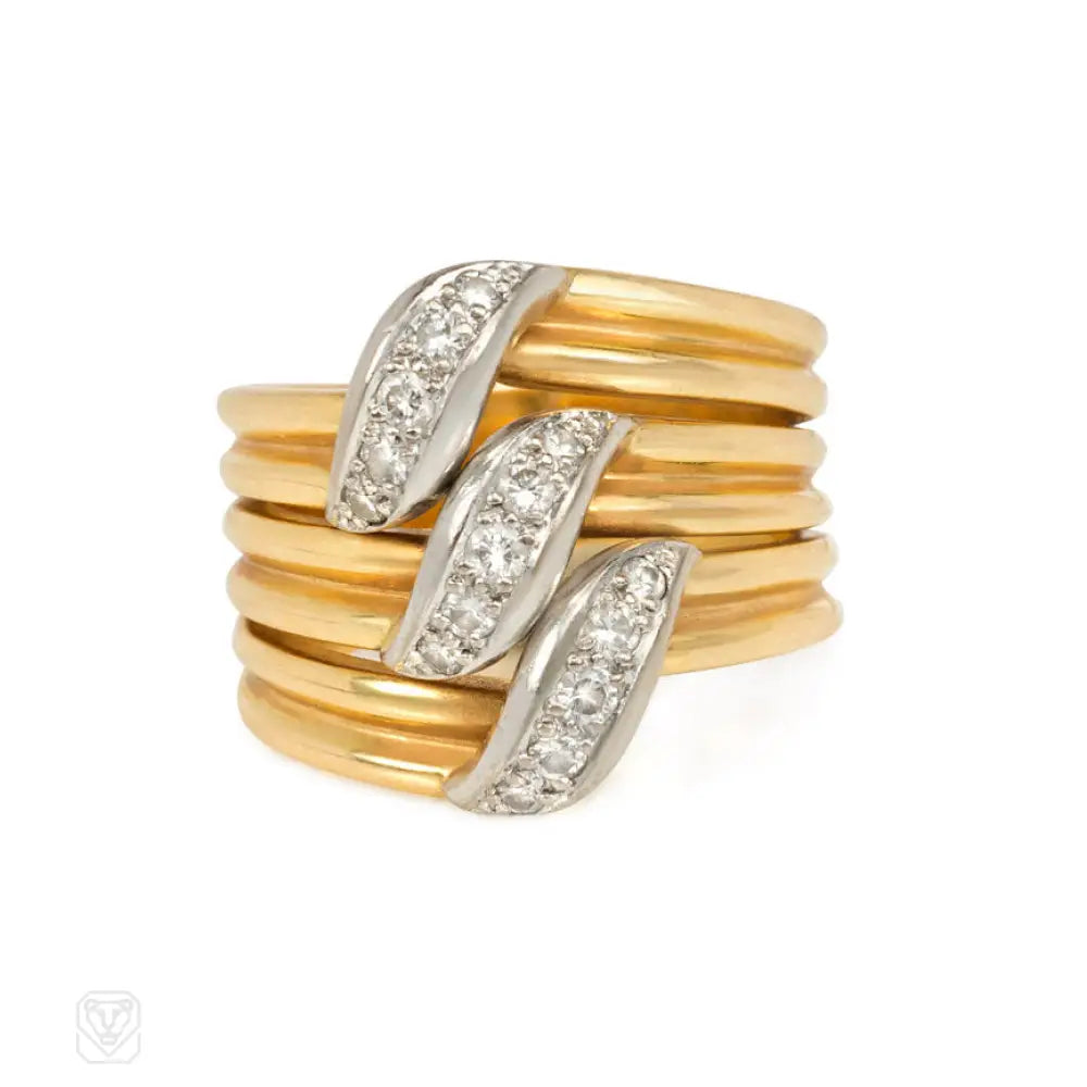 women’s vintage-inspired wedding rings-Three-row gold and diamond ring, Cartier