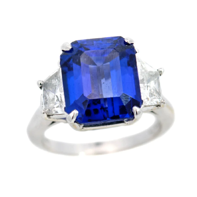 custom engagement rings for women-Estate Platinum Emerald Cut Tanzanite + Diamond Ring 5.5ctw+