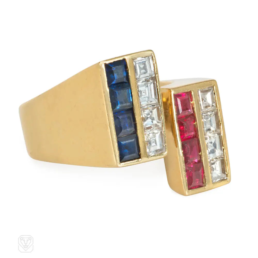 women’s ruby and diamond engagement rings-Cartier 1970s geometric ruby, sapphire, and diamond ring