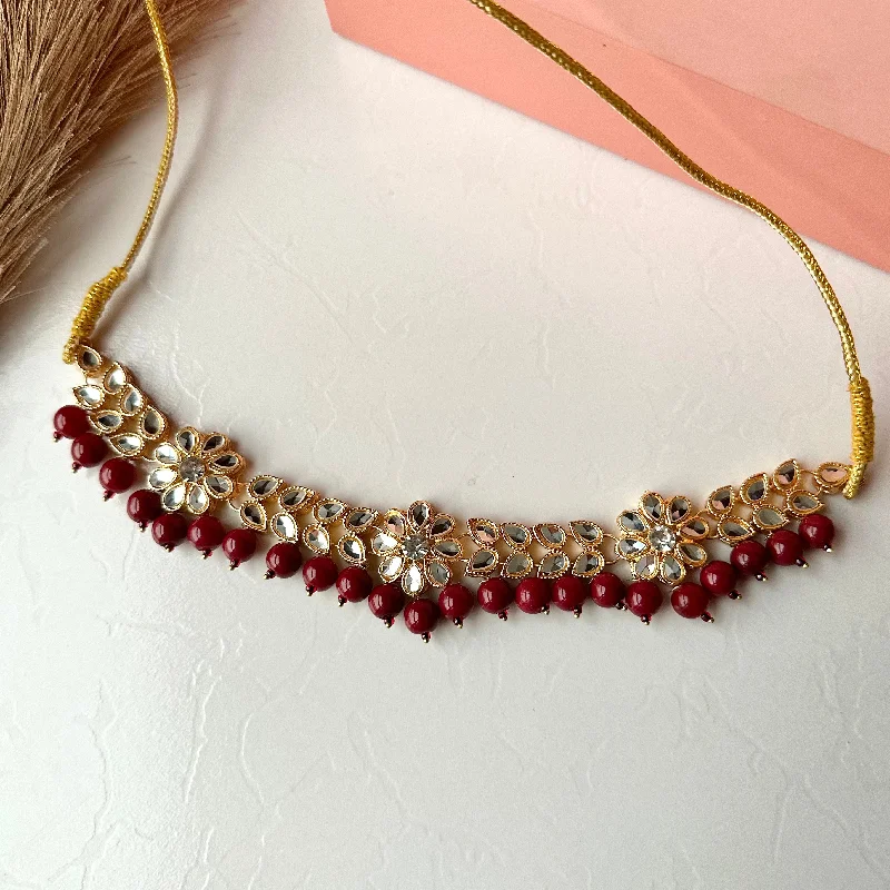 stylish name necklaces for women-Flower Kundan Necklace (Maroon)