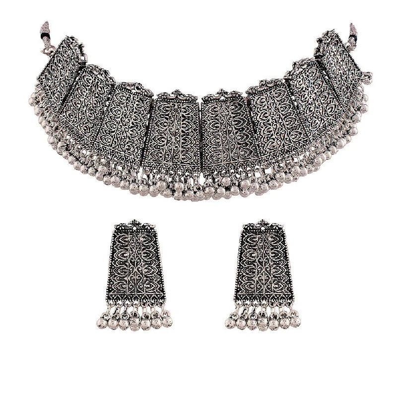 women’s boho-style necklaces-Etnico Oxidised Silver Plated Afghani Choker Necklace Jewellery Set for Women (MC068)