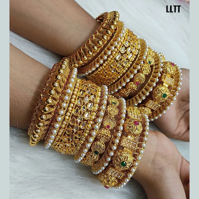 women’s leather and gold bracelets-Lucentarts Jewellery Pink & Green Pota Stone Gold Plated Bangles Set