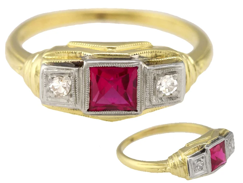 women’s emerald-cut engagement rings-Ladies Vintage 14K Yellow White Gold 0.06ctw Lab-Created Ruby Diamond Ring