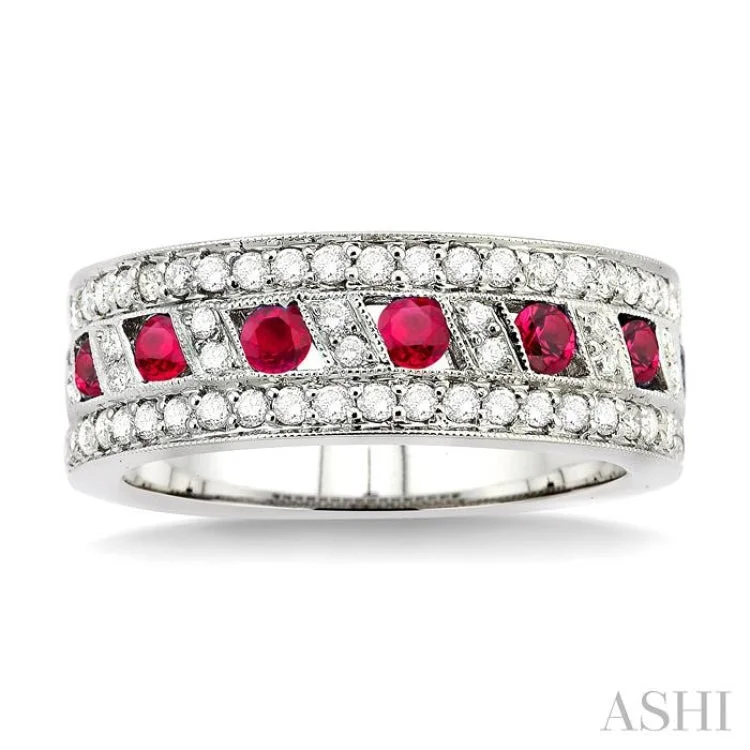 women’s vintage rings-5/8 Ctw Round Cut Diamond and 2.6 mm Round Cut Ruby Band in 18K White Gold