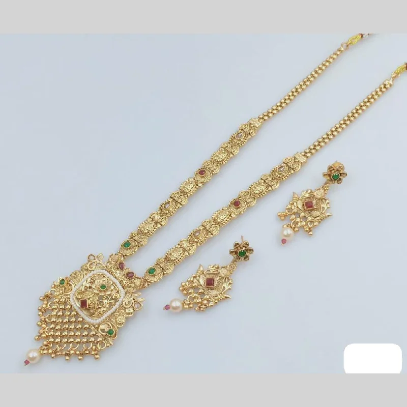 women’s birthstone charm necklaces-Rani Sati Jewels Gold Plated Pota Stone And Pearl Long Necklace Set