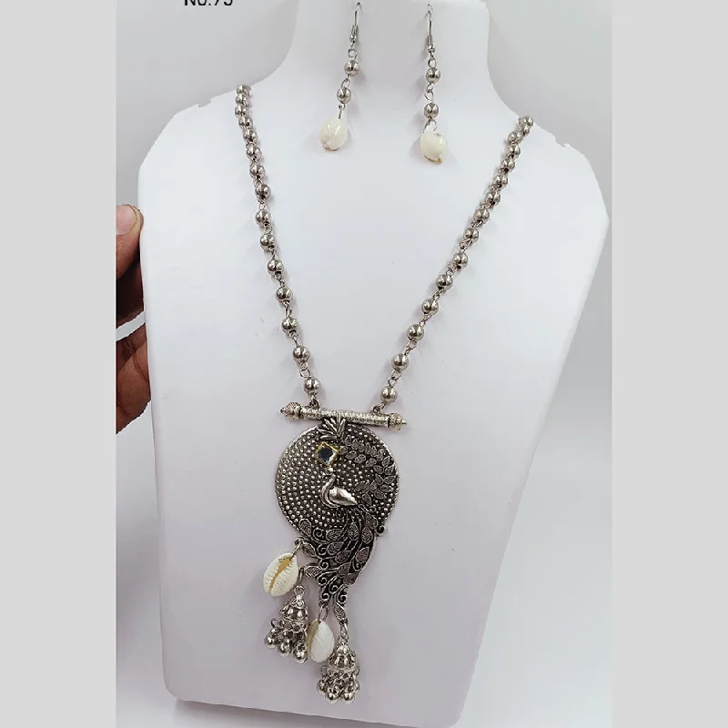 women’s sapphire necklaces-Kavita Art Oxidised Plated Peacock Style Shell Long Necklace Set