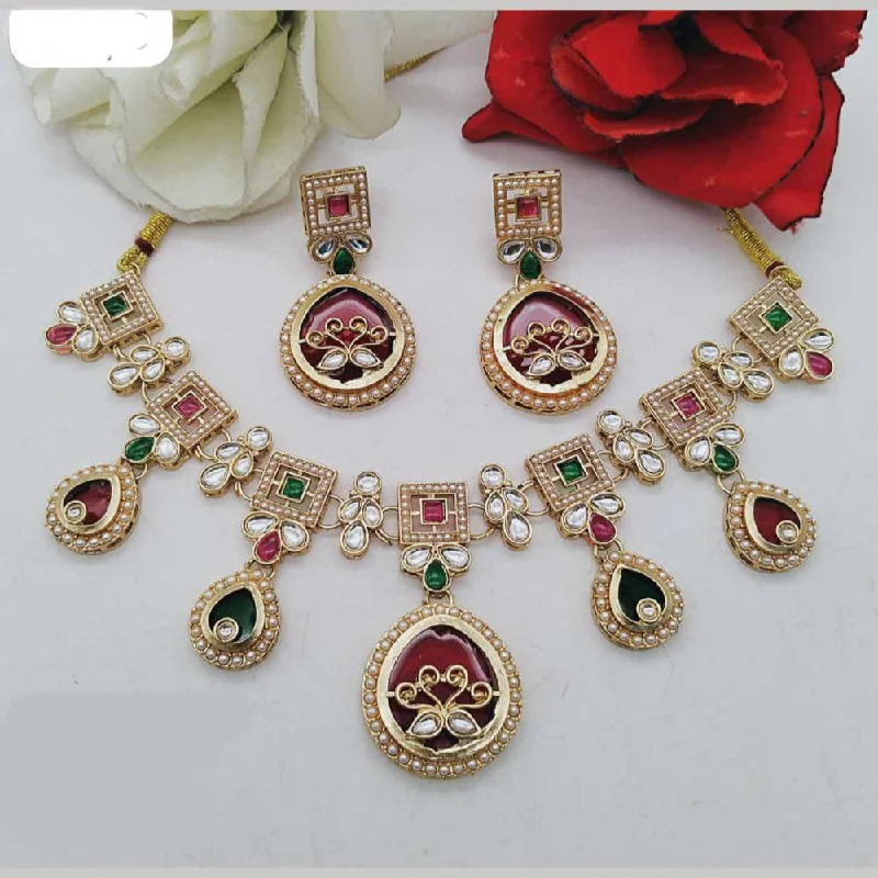 gold chain necklaces for women-FS Collection Gold Plated Kundan Stone And Pearls Necklace Set