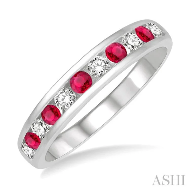 stackable rings for women-1/4 ctw Round Cut Diamond and 2.3MM Ruby Precious Wedding Band in 14K White Gold