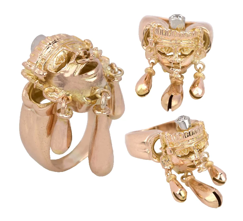 women’s custom gold engagement rings-Modernist 14K Rose Gold Mayan 3D Tribal Mask Dangling Bell 0.15ct Diamond Ring