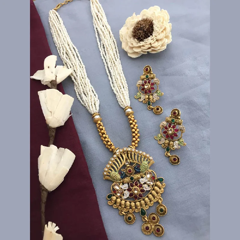 gold-plated necklaces for women-FS Collection Gold Plated Kundan Stone And Pearls Long Necklace Set