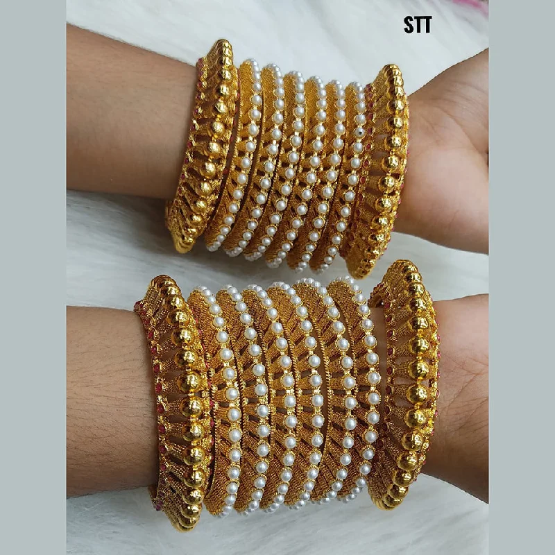 large bangles for women-Lucentarts Jewellery Pink Pota Stone Gold Plated Bangles Set