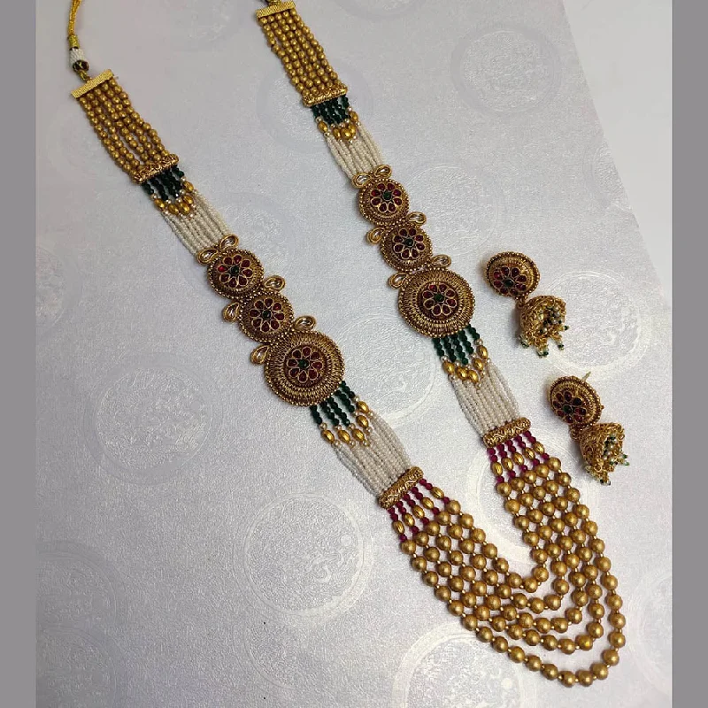 minimalist gold necklaces for women-Lucentarts Jewellery Gold Plated Kundan Stone And Pearls Long Necklace Set