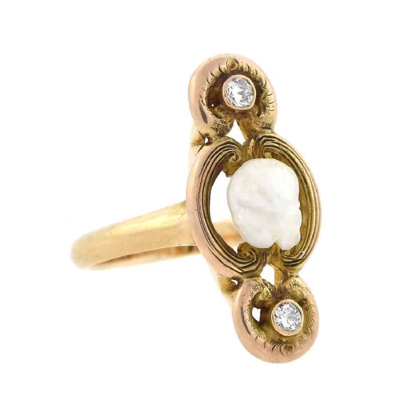 women’s cushion-cut engagement rings-Art Nouveau 14kt Natural Pearl + Diamond Ring 0.10ctw