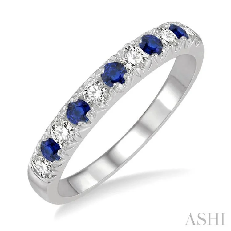 men’s and women’s matching rings-1/4 ctw Round Cut Diamond and 2.3MM Sapphire Precious Wedding Band in 14K White Gold