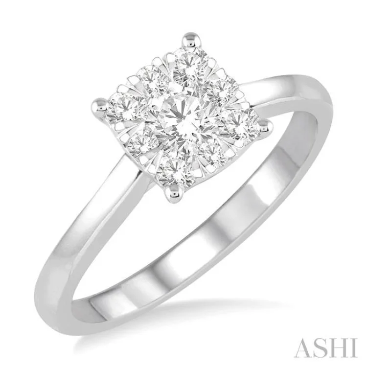 affordable rings for women-1/2 Ctw Round Cut Diamond Square Shape Lovebright Ring in 14K White Gold