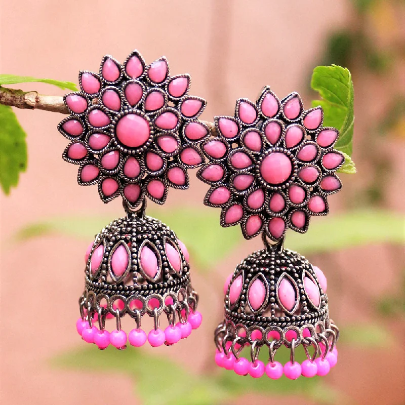 women’s gold stud earrings-H K Fashion Oxidised Plated Pota Stone And Beads Jhumki Earrings