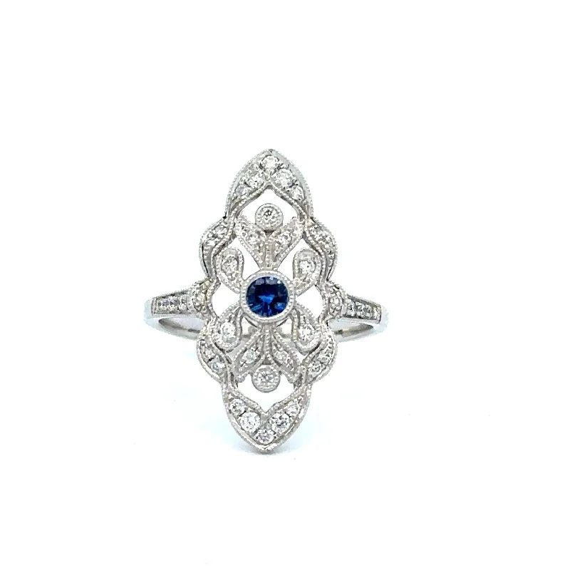 women’s large diamond engagement rings-Art Deco Inspired Sapphire and Diamond Ring in 18k White Gold