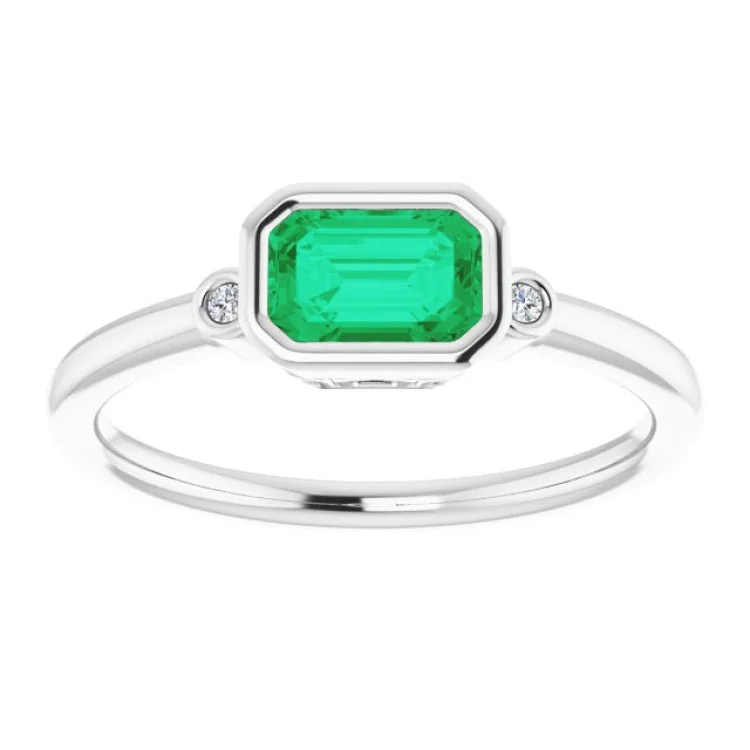 platinum engagement rings for women-14K White Lab-Grown Emerald & .02 CTW Natural Diamond Ring