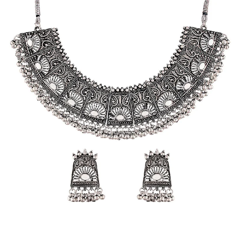 elegant solitaire necklaces for women-Etnico Oxidised Silver Plated Afghani Choker Necklace Jewellery Set for Women (MC066)