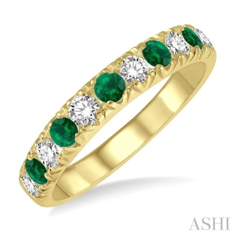 elegant rings for women-3/8 ctw Round Cut Diamond and 2.6MM Emerald Precious Wedding Band in 14K Yellow Gold