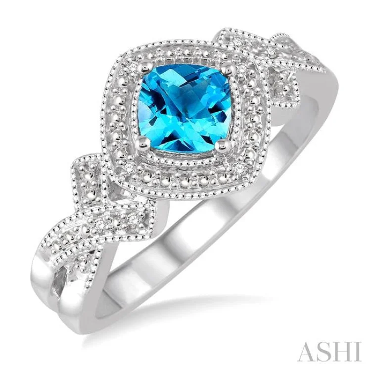 custom name rings for women-1/50 Ctw Cushion Cut 5x5mm Blue Topaz & Round Cut Diamond Sterling Silver Ring