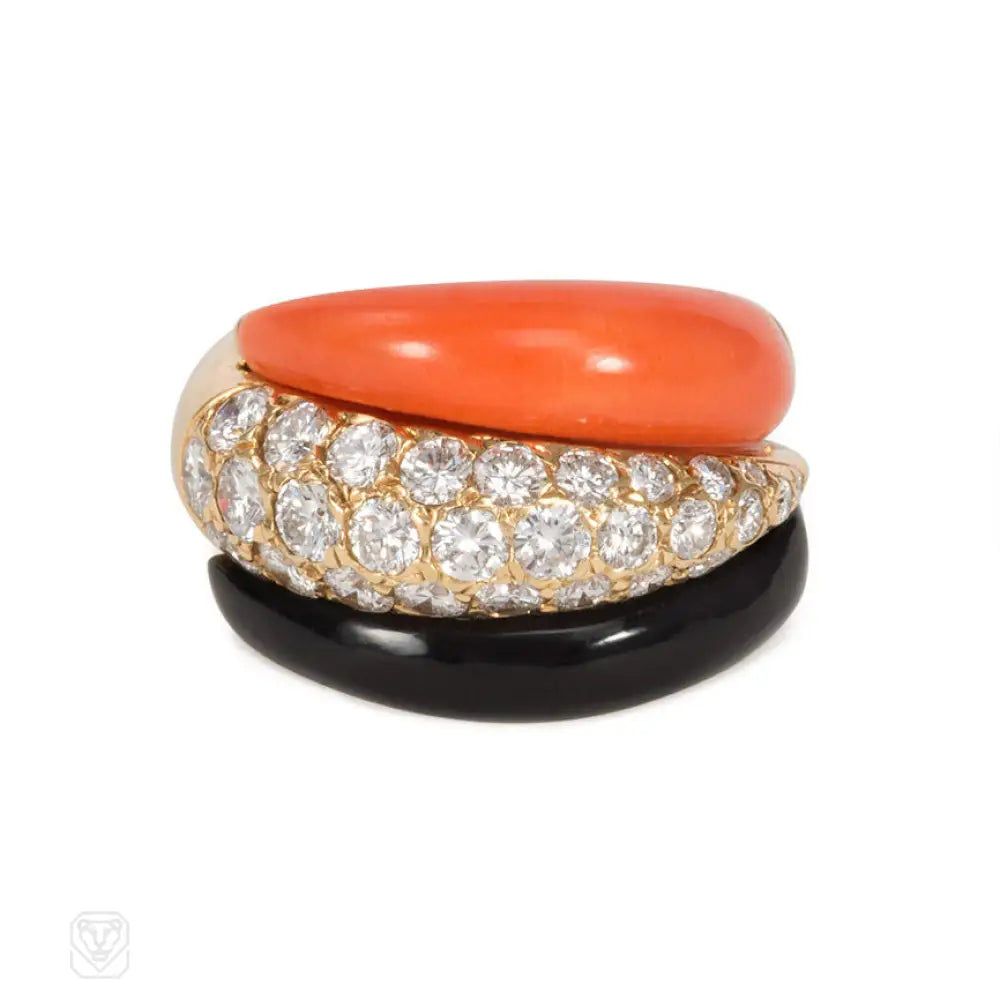 affordable engagement rings for women-Carved onyx, coral and diamond ring, Van Cleef & Arpels