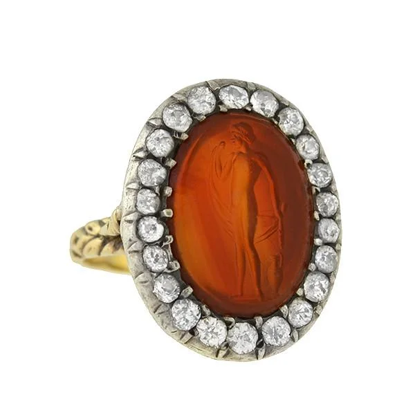 affordable engagement rings for women-Victorian 14kt/Silver Carnelian Intaglio & Diamond Ring