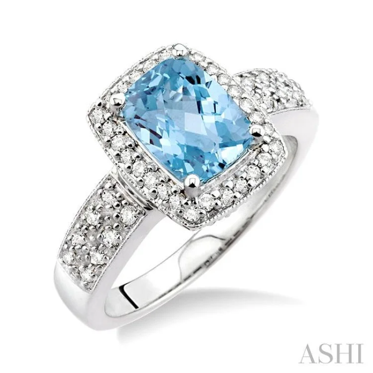 unique sapphire engagement rings for women-8x6mm Cushion Cut Aquamarine and 1/3 Ctw Round Cut Diamond Ring in 14K White Gold