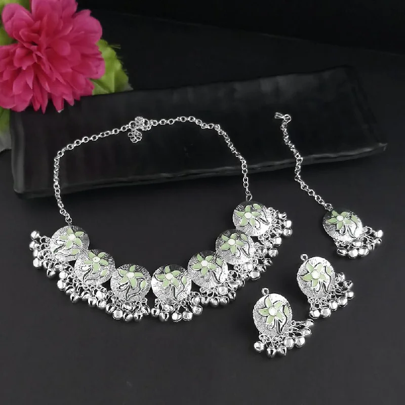 elegant wedding necklaces for women-Kriaa Oxidised Plated Light Green Meenakari Necklace Set With Maang Tikka - 1116014E