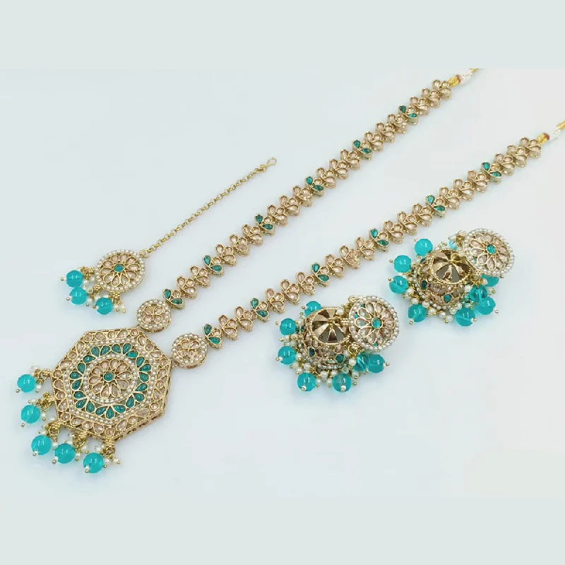 trendy layered chain necklaces-Rajwadi Collection Gold Plated Crystal Stone Pearl  And Beads Long Necklace Set