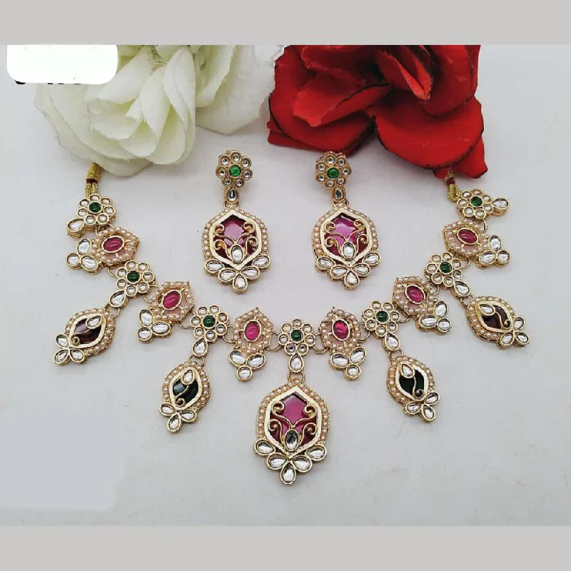 elegant wedding necklaces for women-FS Collection Gold Plated Kundan Stone And Pearls Necklace Set