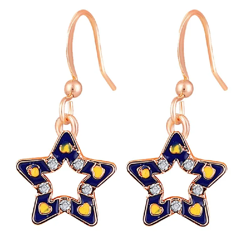 women’s flower drop earrings-Mahi Rose Gold Plated Navy Blue & Yellow Meenakari Work and Crystals Star Earrings for Women (ER1109847ZNBlu)