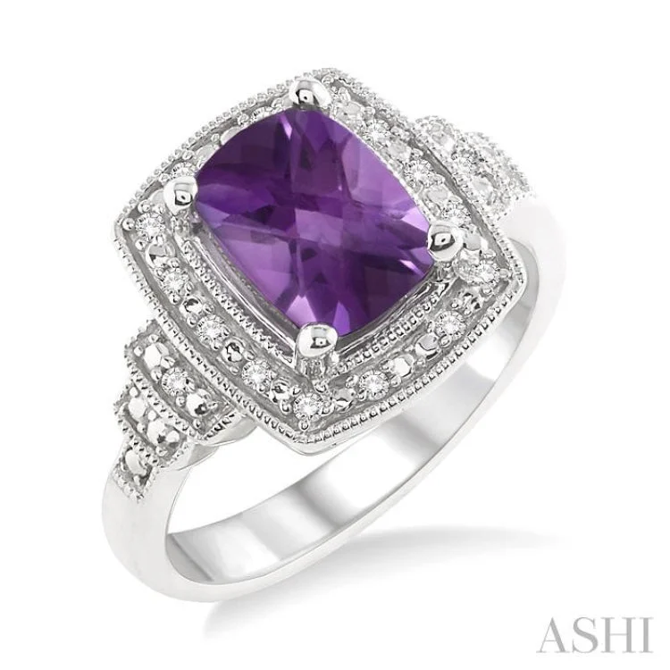 elegant engagement rings for women-9x7MM Cushion Cut Amethyst and 1/10 Ctw Single Cut Diamond Ring in Sterling Silver