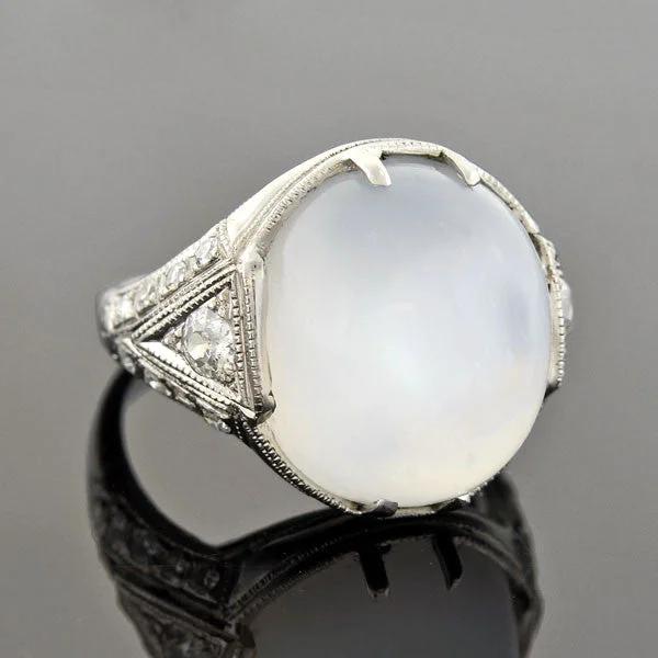 women’s three-stone engagement rings-Art Deco Platinum Moonstone & Diamond Ring