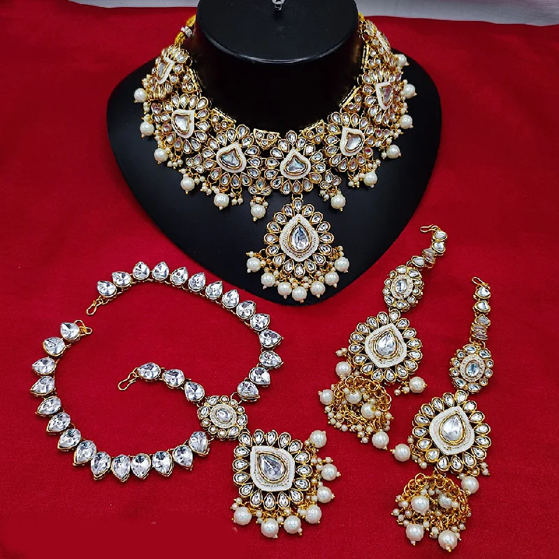 women’s vintage lock necklaces-Lucentarts Jewellery Gold Plated Kundan Stone And Beads Necklace Set