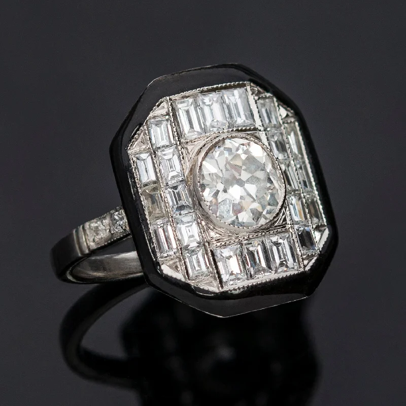 engagement rings with side stones-Art Deco Style Platinum, Enamel + Diamond Ring 1ctw Center