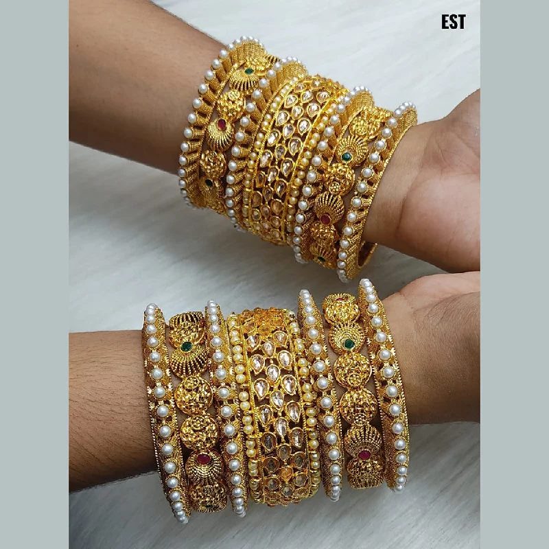 women’s statement bangles-Lucentarts Jewellery Pink & Green Pota Stone Gold Plated Bangles Set