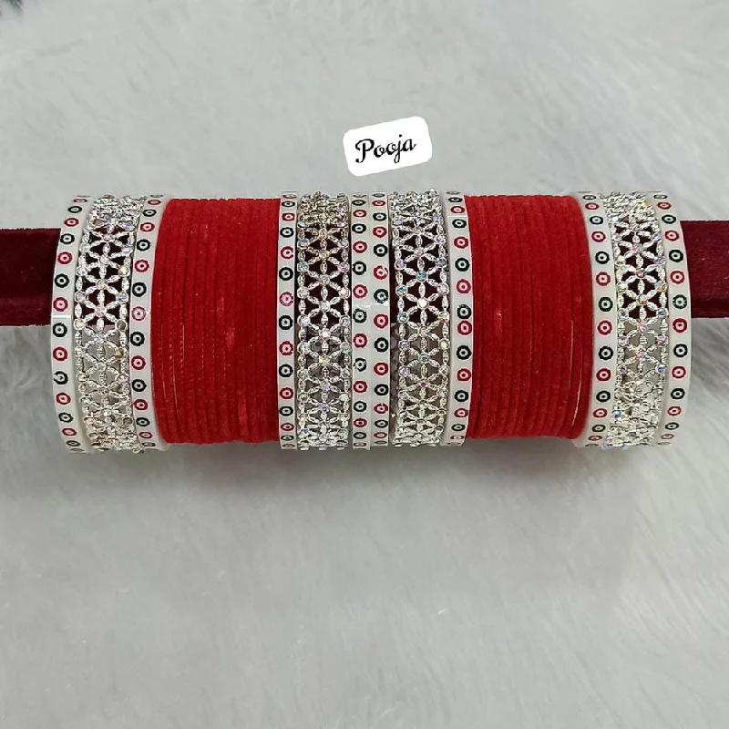 delicate bracelets for women-Pooja Bangles Silver Plated AD Bangles Set