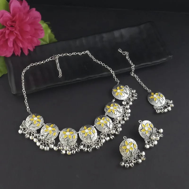 multi-layered necklaces for women-Kriaa Oxidised Plated Yellow Meenakari Necklace Set With Maang Tikka - 1116014F