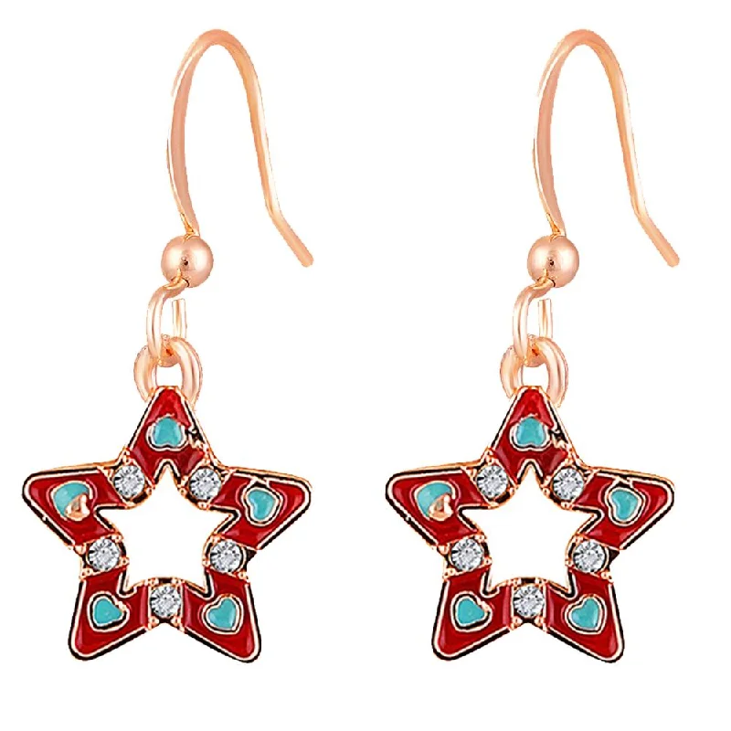 women’s gold earrings-Mahi Rose Gold Plated Red Meenakari Work and Crystals Star Earrings for Women (ER1109846ZRed)